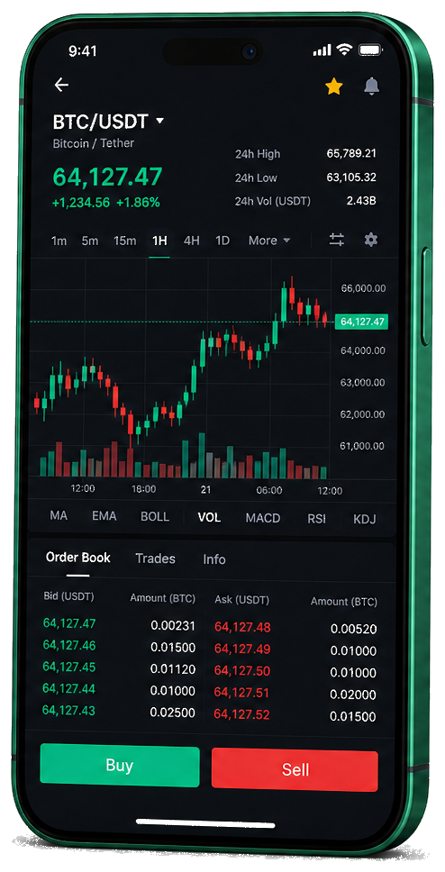 Interfaz móvil de Pemex Capital — gráfico en vivo BTC/USDT, libro de órdenes y panel de trading